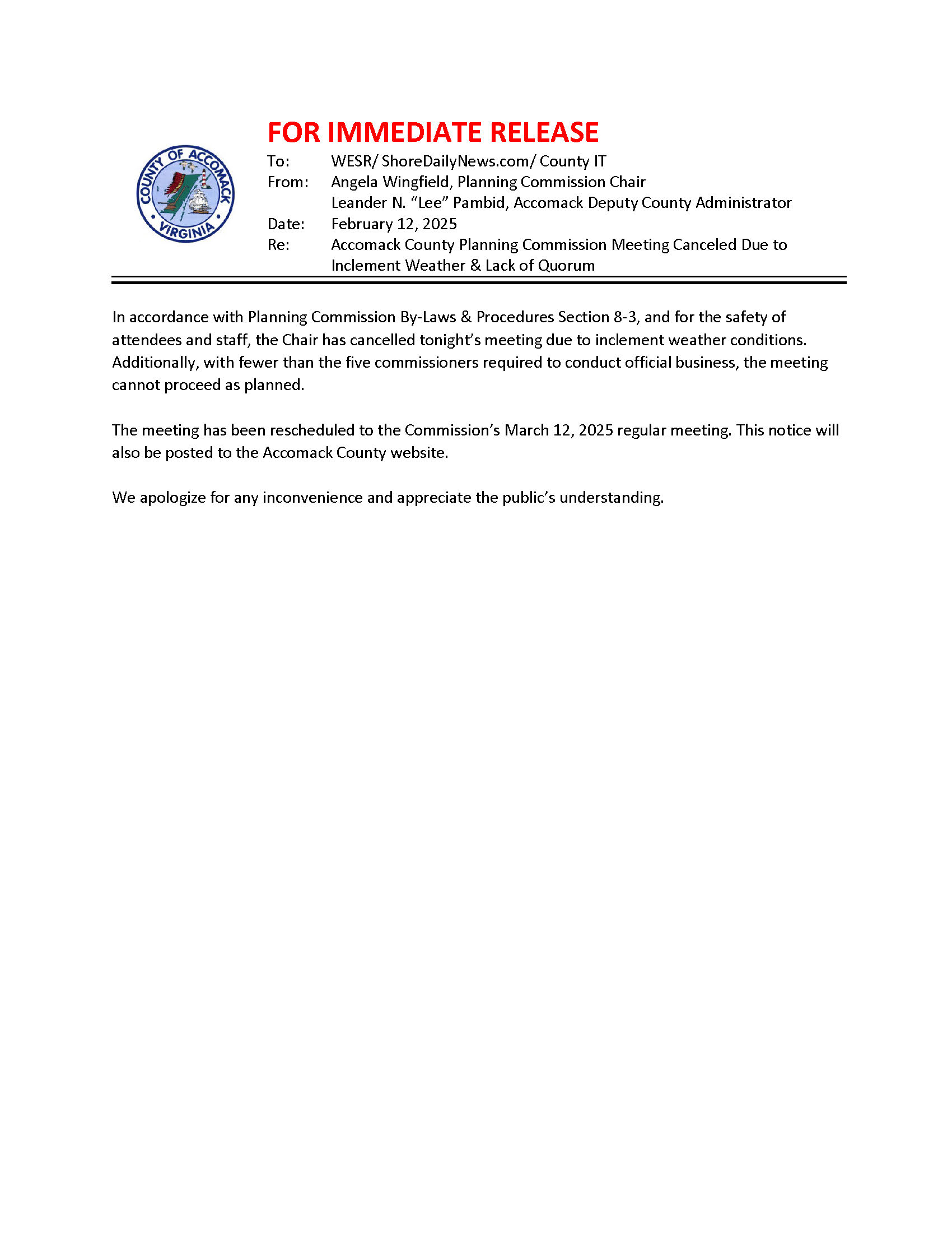 PRESS RELEASE - PC Meeting Canceled  2025-02-12
